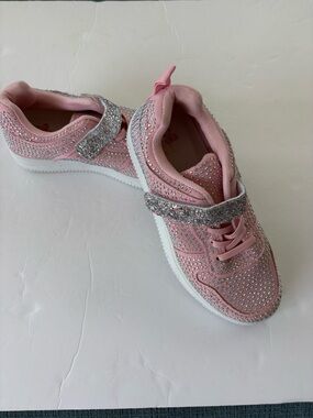 Yoki Pink Brimb Girls Sneakers w/ Silver Glitter Velcro Strap and bling - Size 3